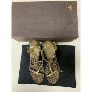 Vintage Fendi Women's Sz 36 Zucca T-Strap Embellished Heel Sandals